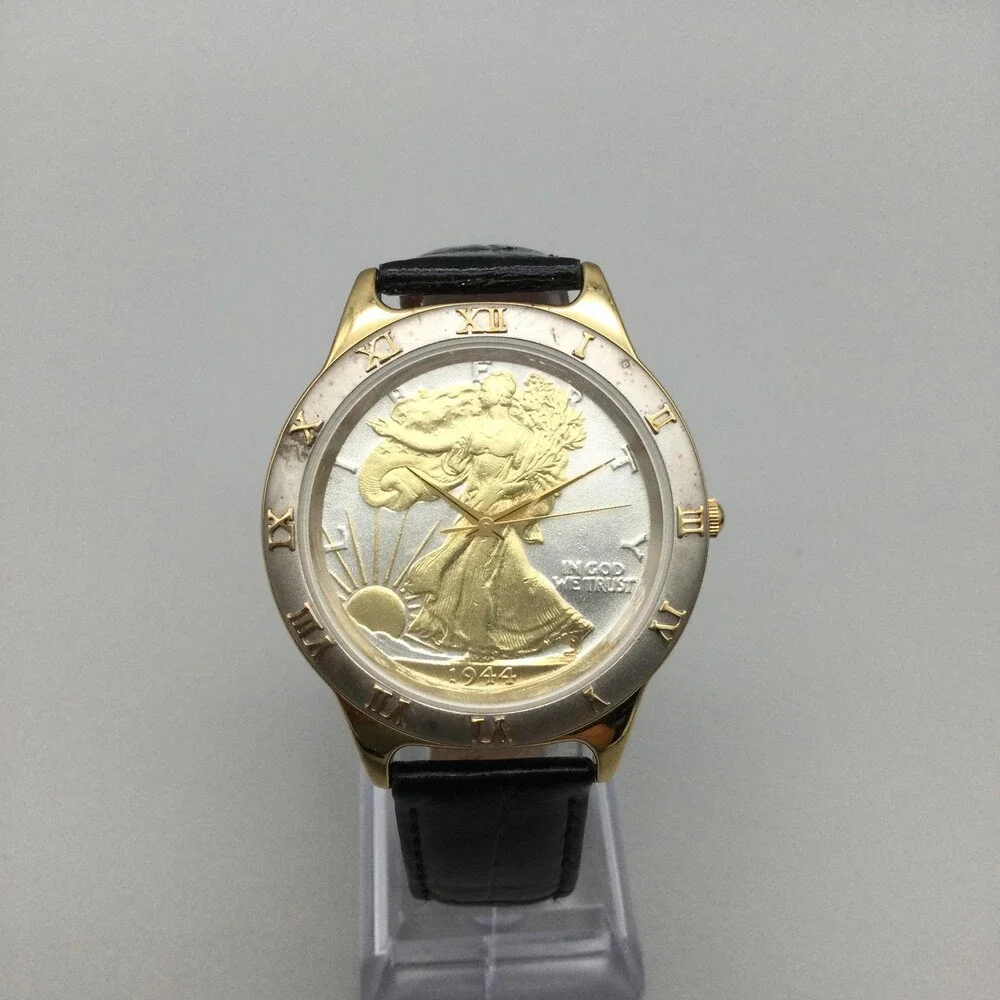 Mens Watch 39mm Walking Liberty Coin Dial 14K Gold Plated Leather New Battery